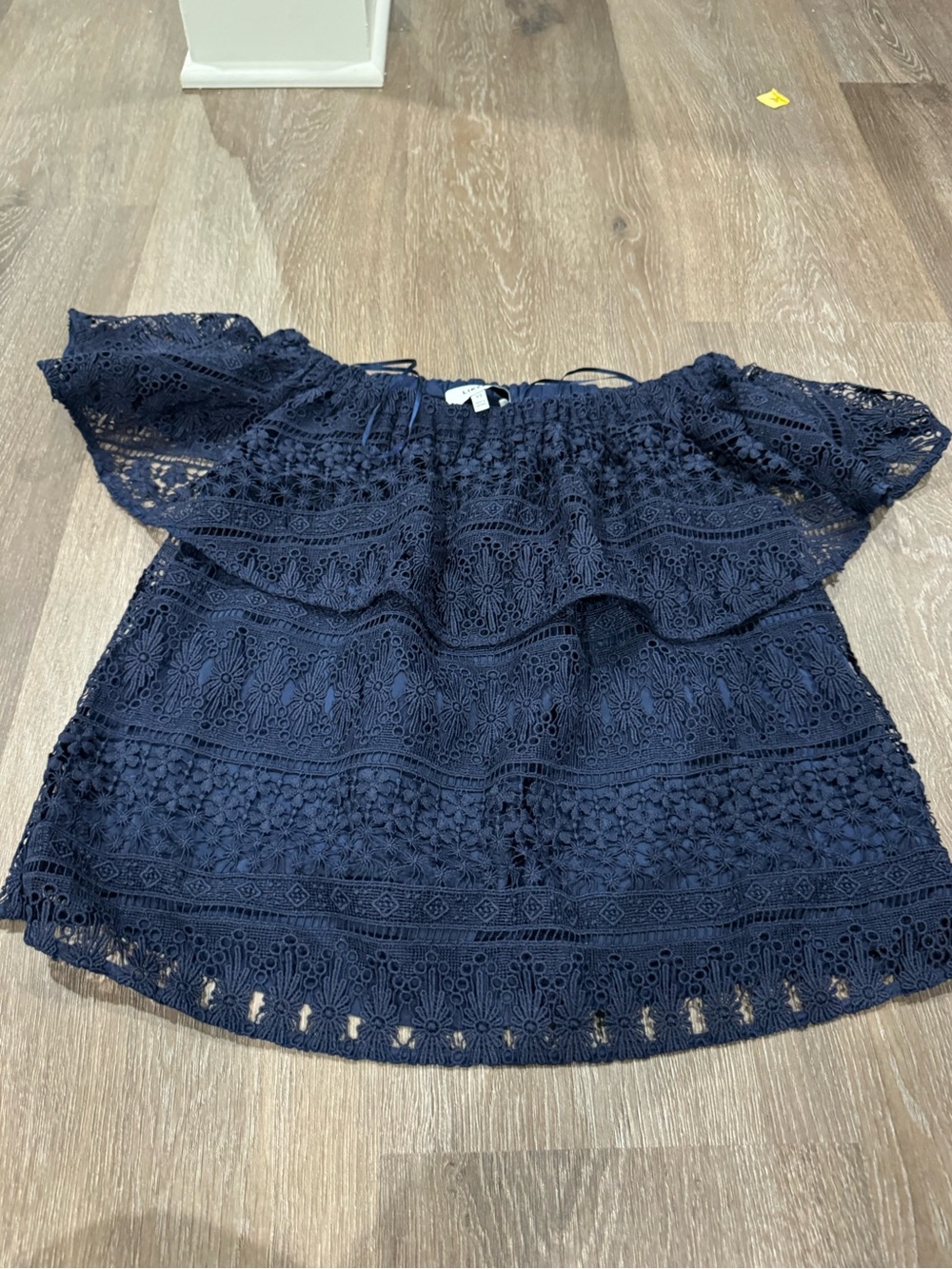 Likely Navy Off-Shoulder Lace Peasant Top